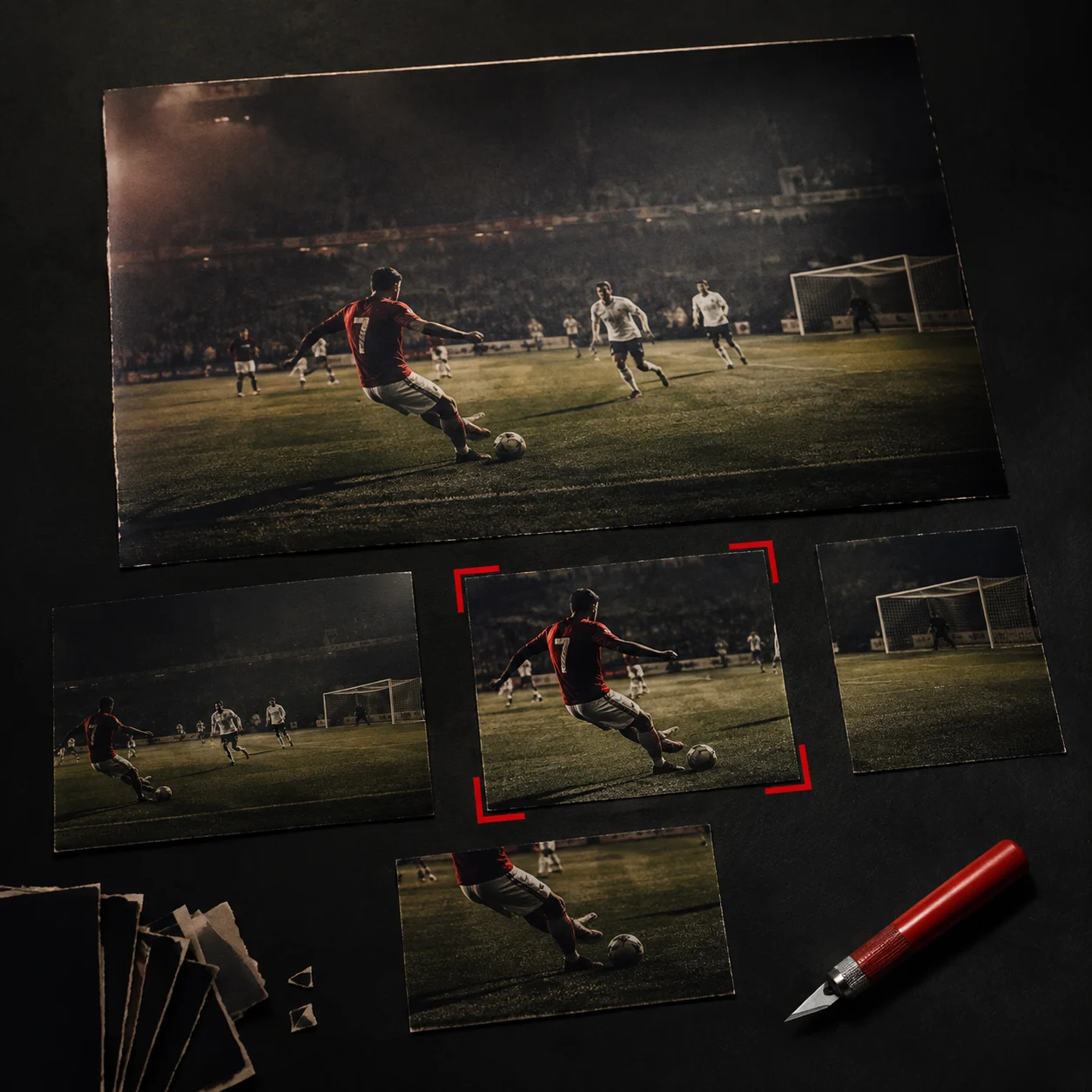 Uma cena de futebol apresentada em vários recortes, com um enquadramento selecionado