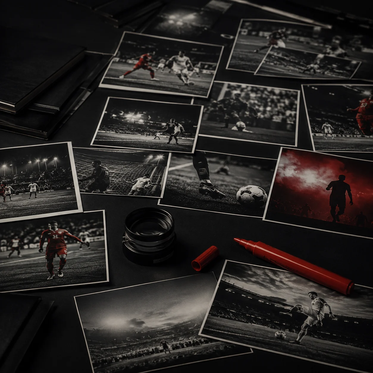 Mesa de redação com várias histórias de futebol sendo observadas